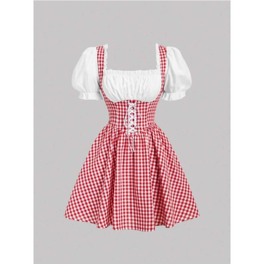 Cottagecore Red Gingham Puff Sleeve Dress – Smocked Front (Size Large)